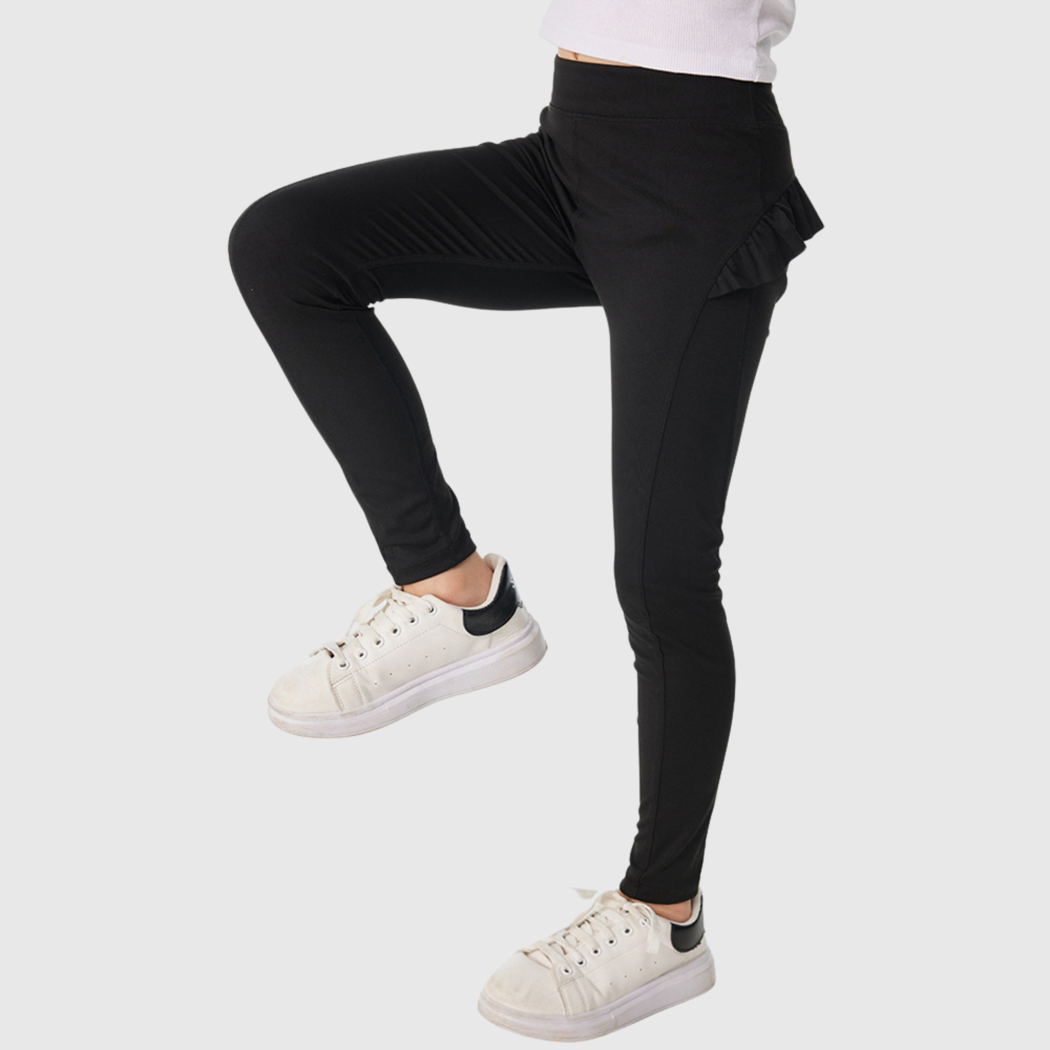 girls black leggings with ruffle leg details
