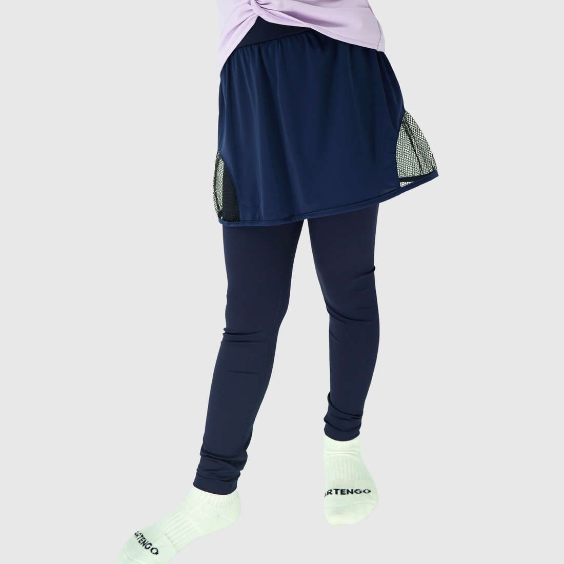 girls blue leggings with side mesh skirt front