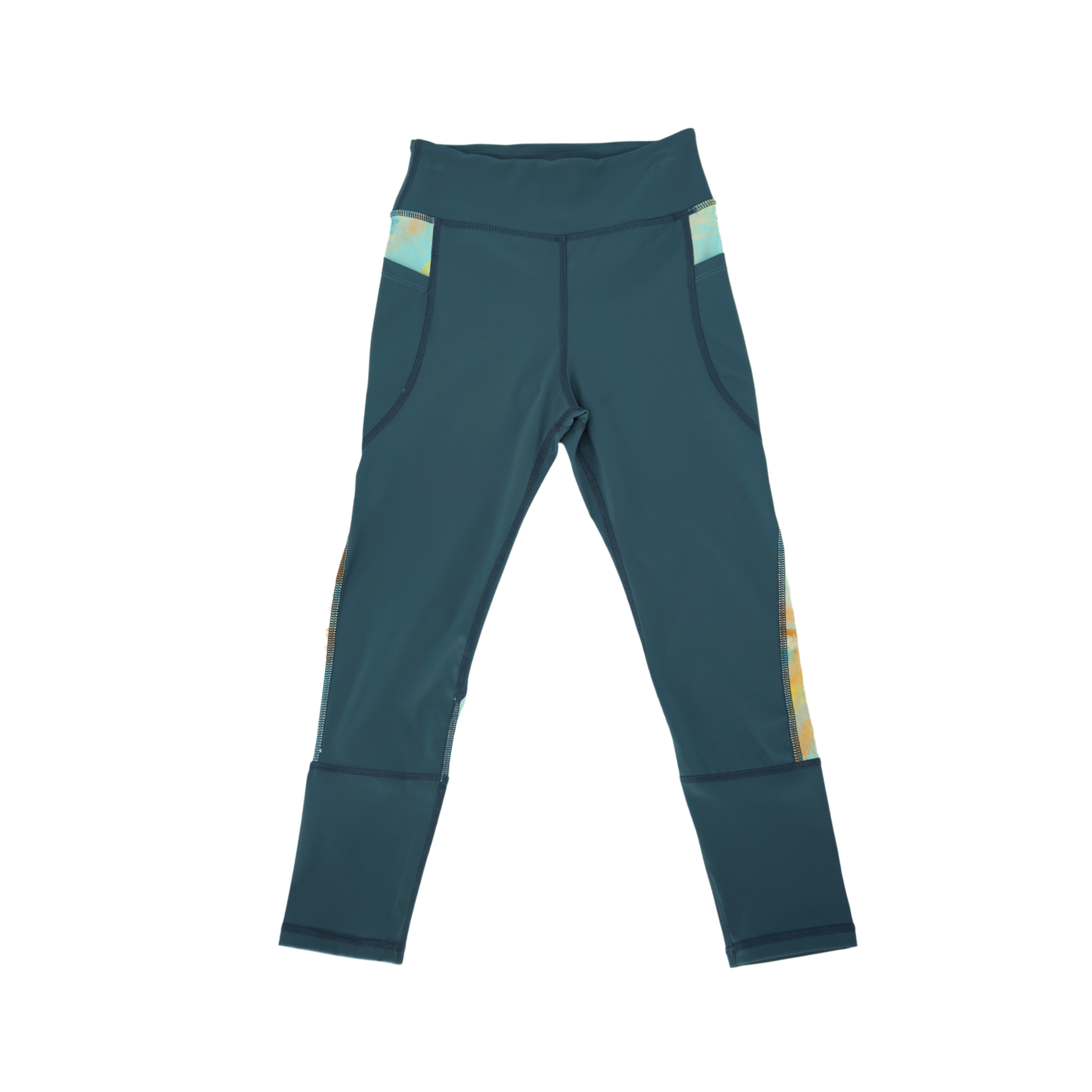 girls blue leggings with pockets flatlay front