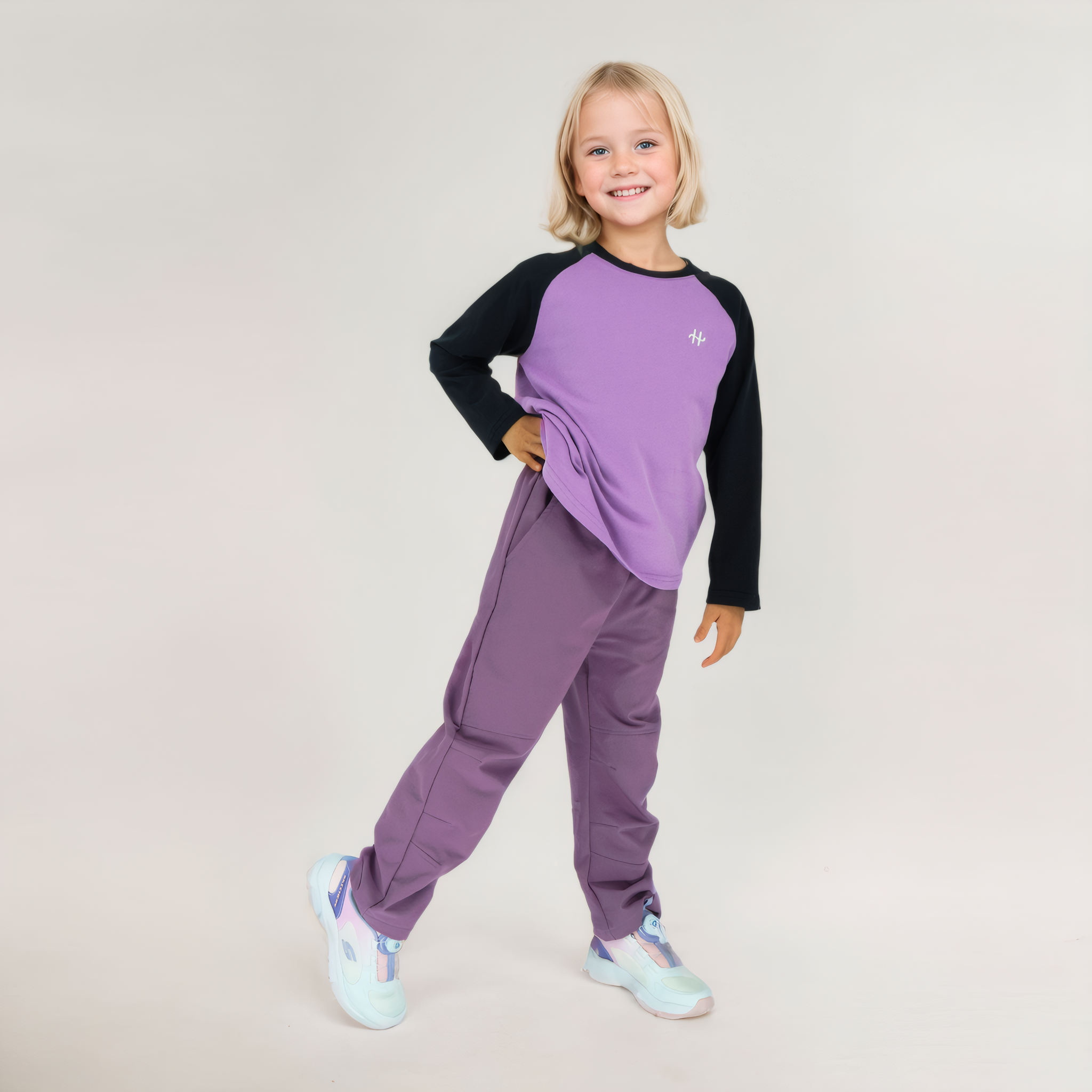 girls and boys cotton color block long sleeve tee with outdoor soft shell pants outfit