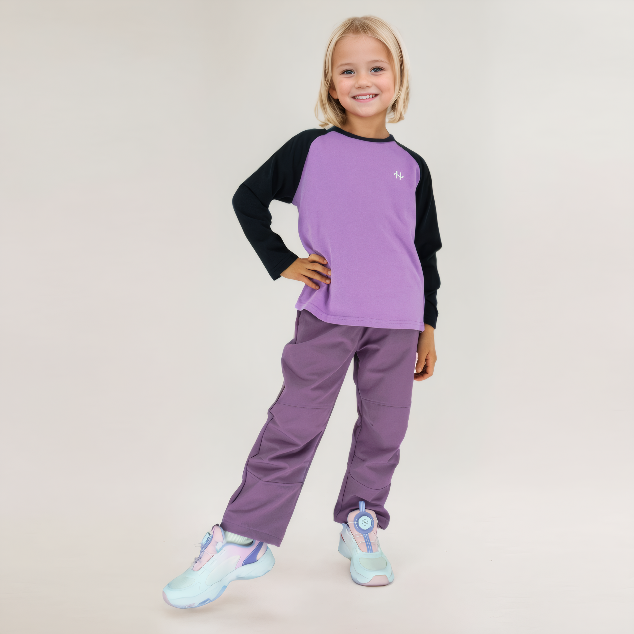 girls and boys cotton color block long sleeve tee with outdoor soft shell pants