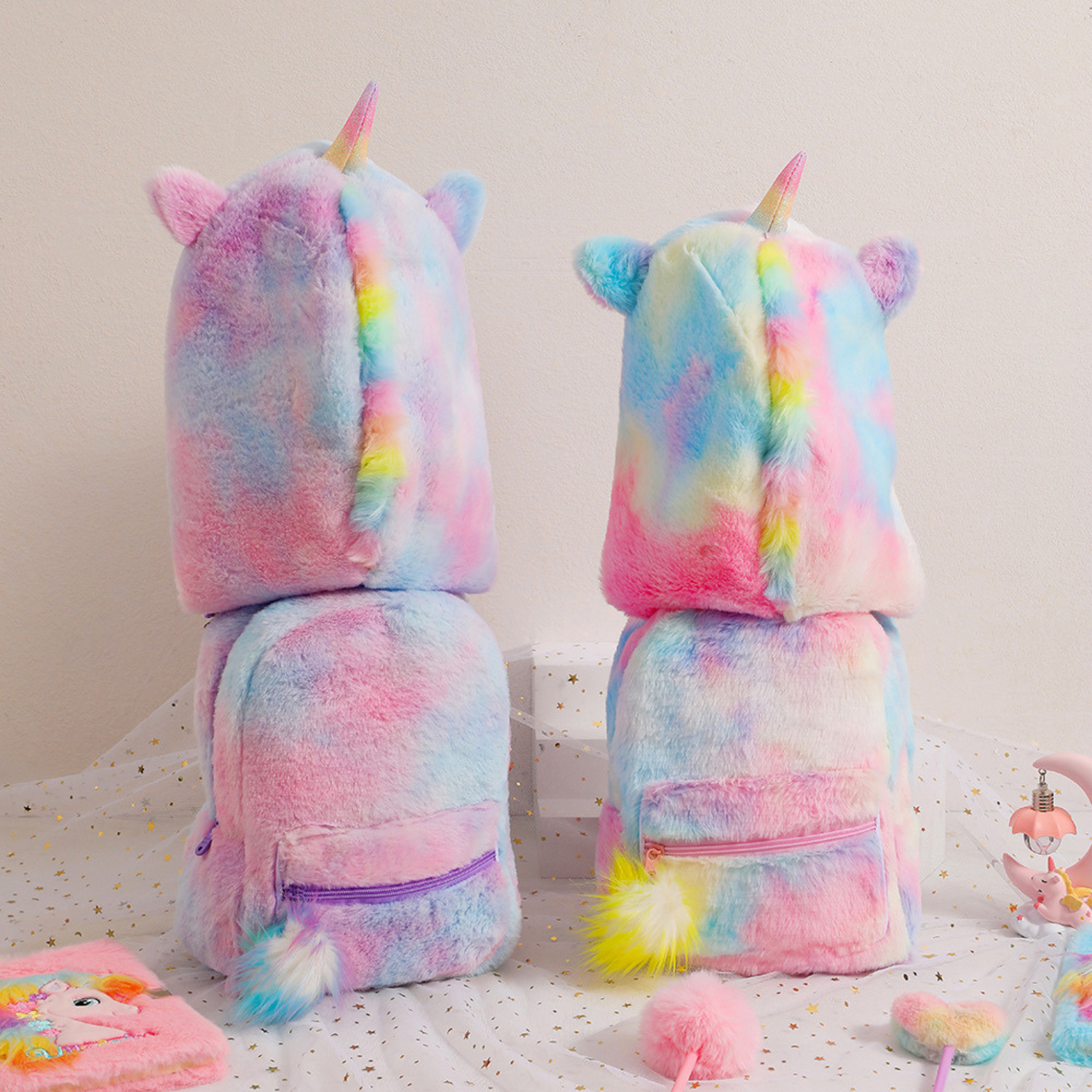 Plush Backpack with Detachable Unicorn Hat and Pom Pom