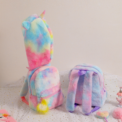 Plush Backpack with Detachable Unicorn Hat and Pom Pom