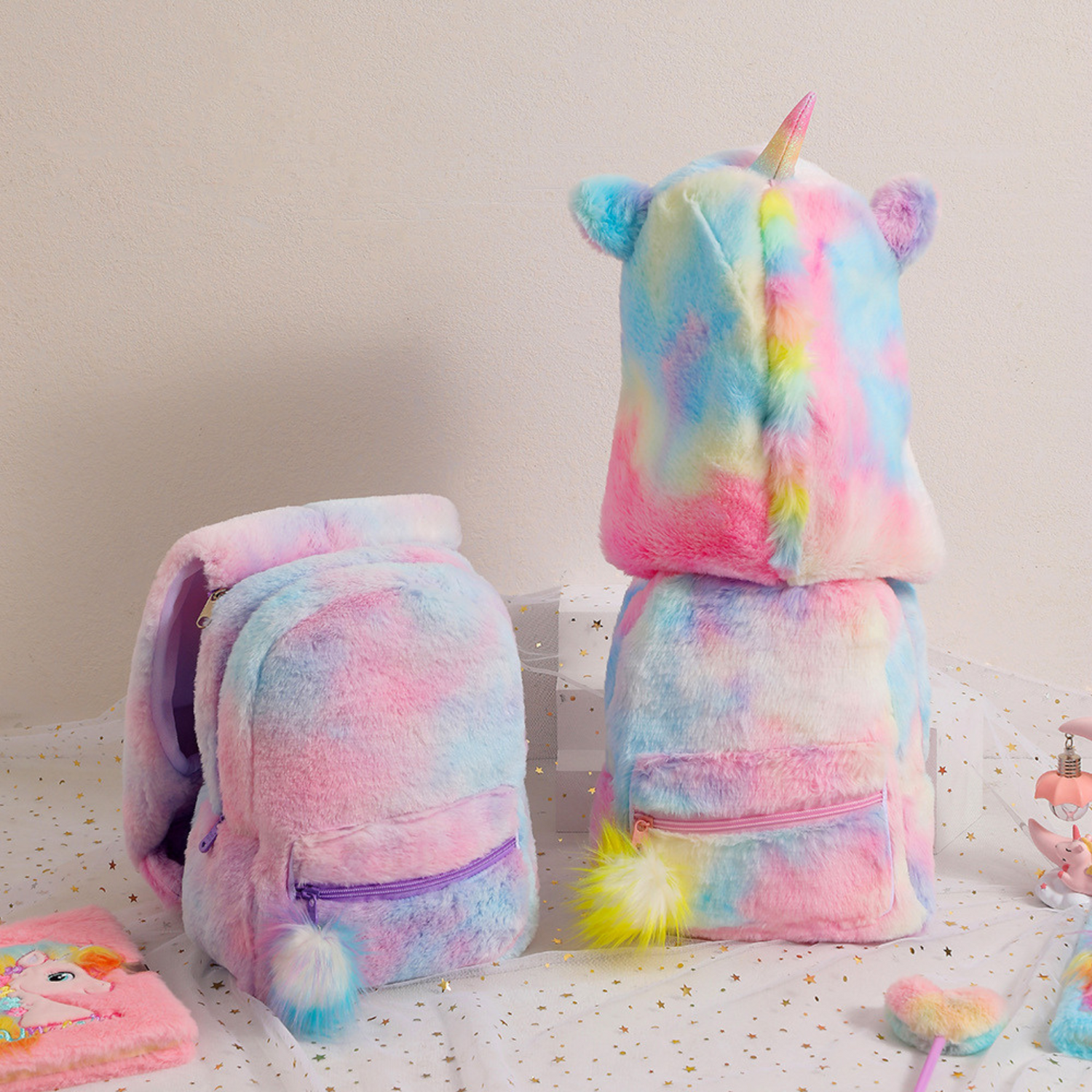 Plush Backpack with Detachable Unicorn Hat and Pom Pom