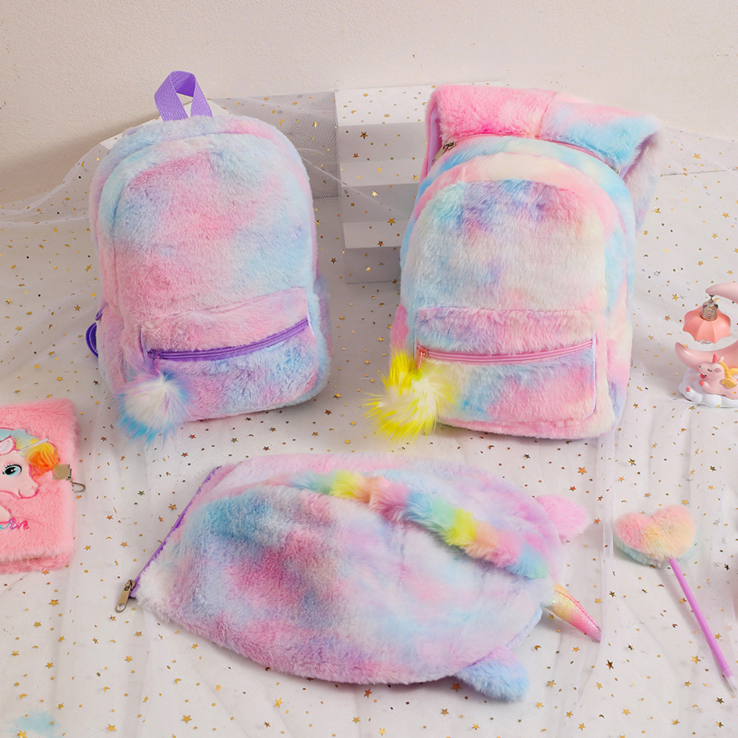 Plush Backpack with Detachable Unicorn Hat and Pom Pom