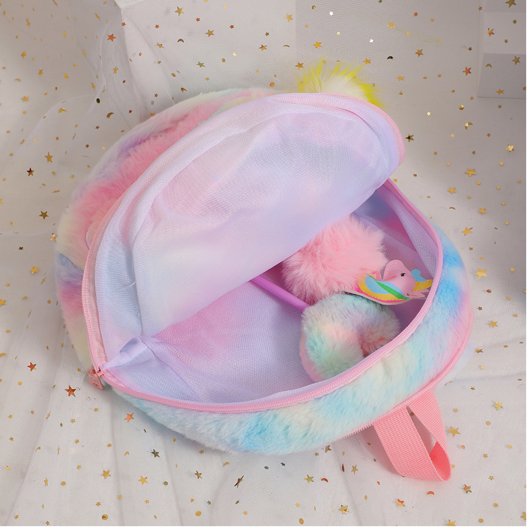 Plush Backpack with Detachable Unicorn Hat and Pom Pom