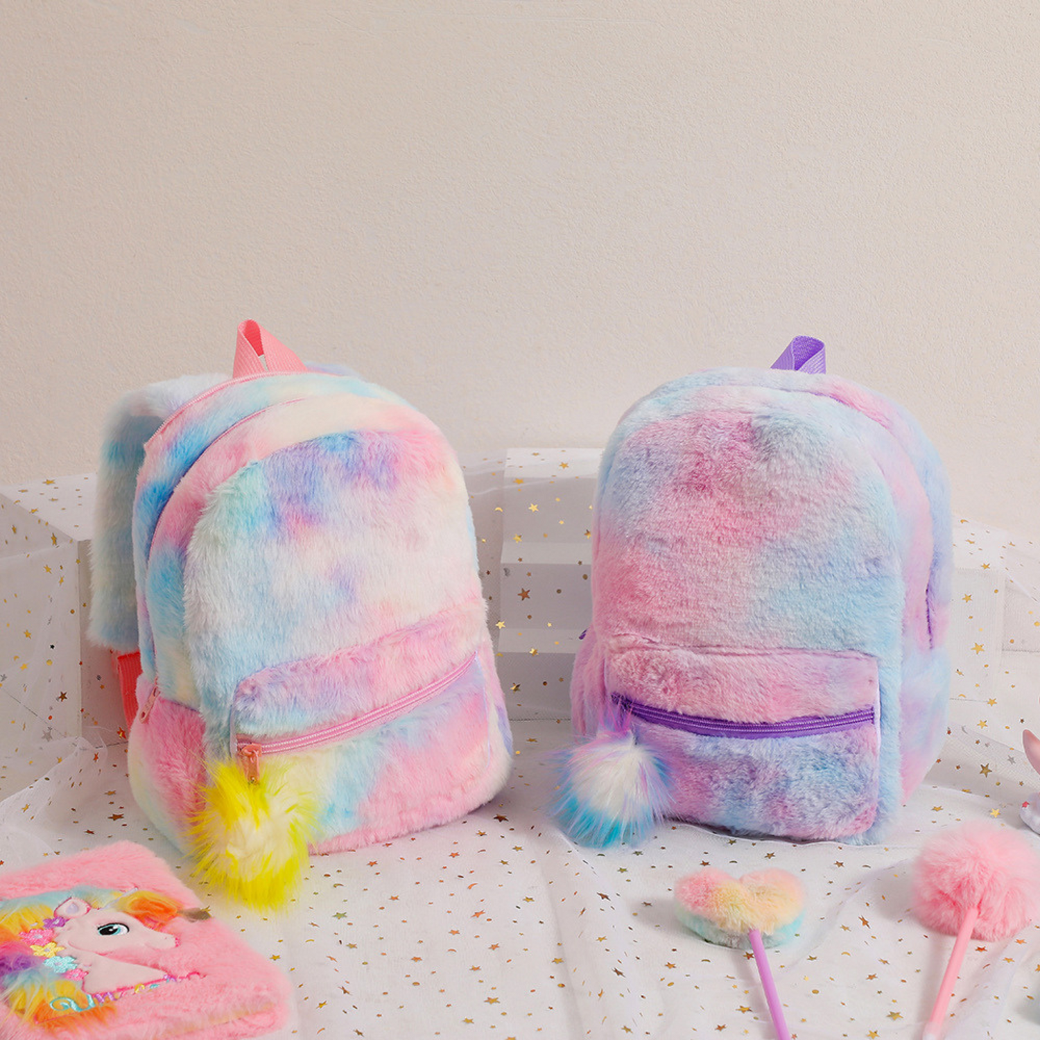 Plush Backpack with Detachable Unicorn Hat and Pom Pom