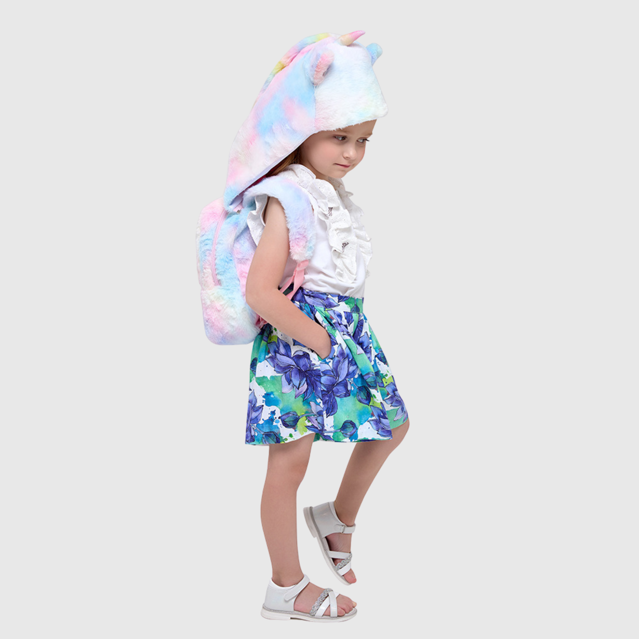 Plush Backpack with Detachable Unicorn Hat and Pom Pom