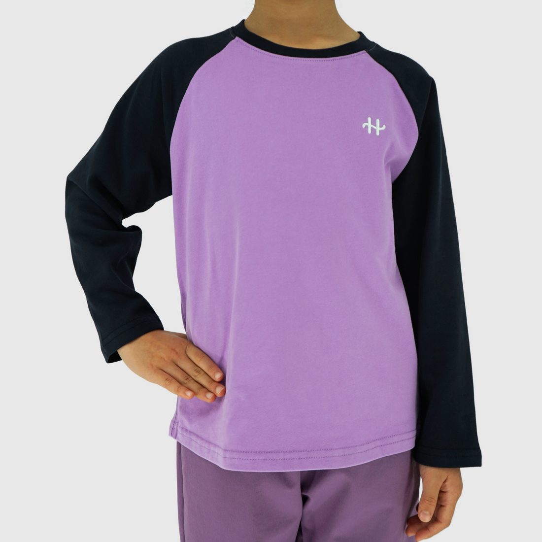 girls and boys color block long sleeve tee purple front
