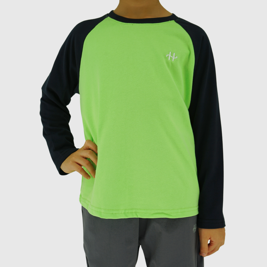 boys and girls cotton color block long sleeve tee green front