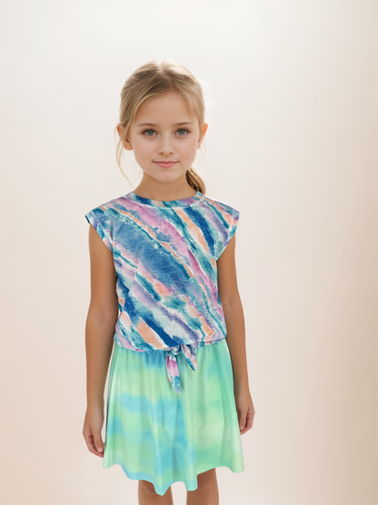 girls front tie sleeveless top with skirt