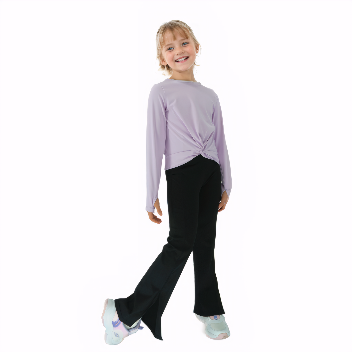 girla black flare leggings with purple long sleeve tee