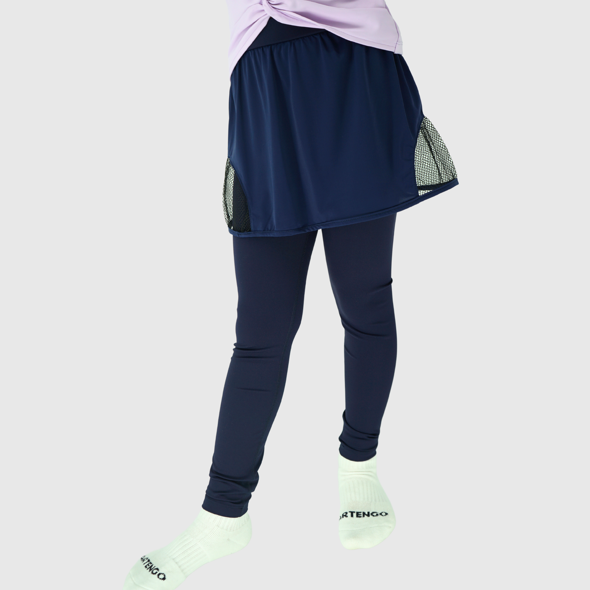 girls blue leggings with side mesh skirt front
