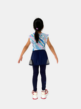 girls blue leggings with side mesh skirt and sleeveless top back