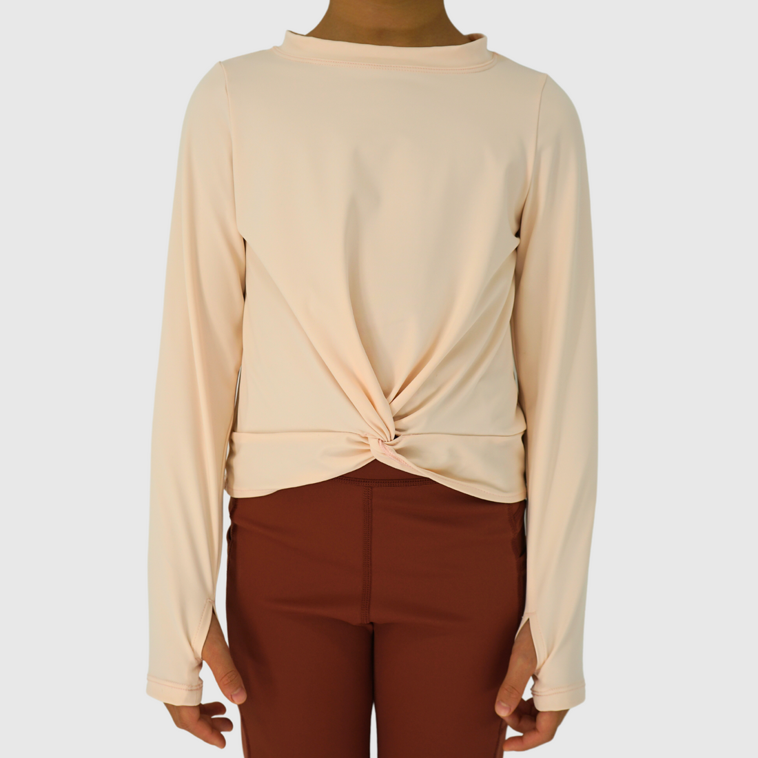 girls front knot long sleeve tee apricot front