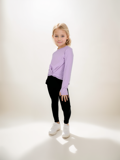 girls front knot long sleeve tee with legging outfit